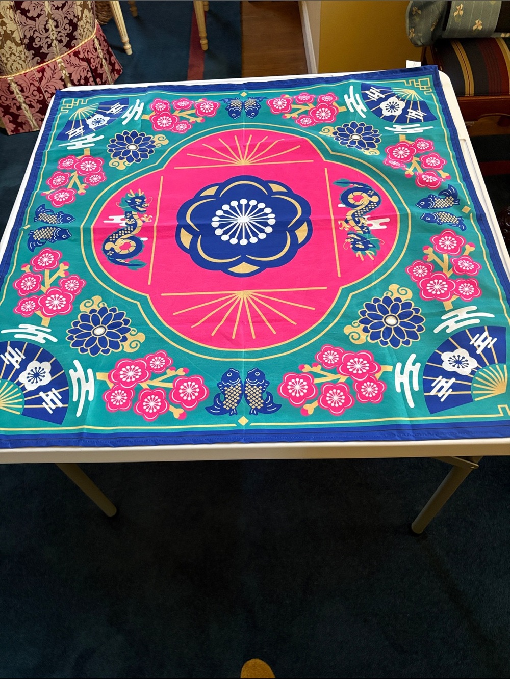 Home Dining Decorative Teal & Pink Mah jong table cover